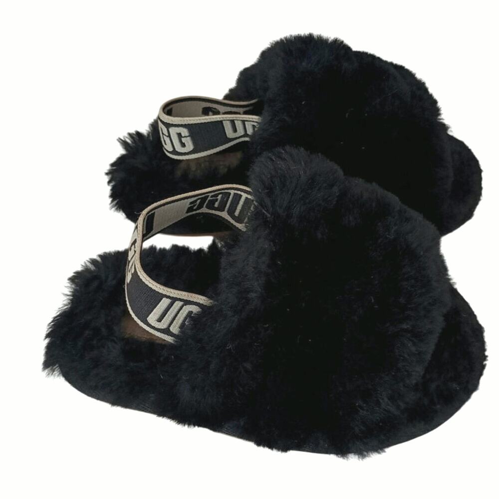 Uggs black furry yeah slides little kid size 6 slingback w/logo barely used glam